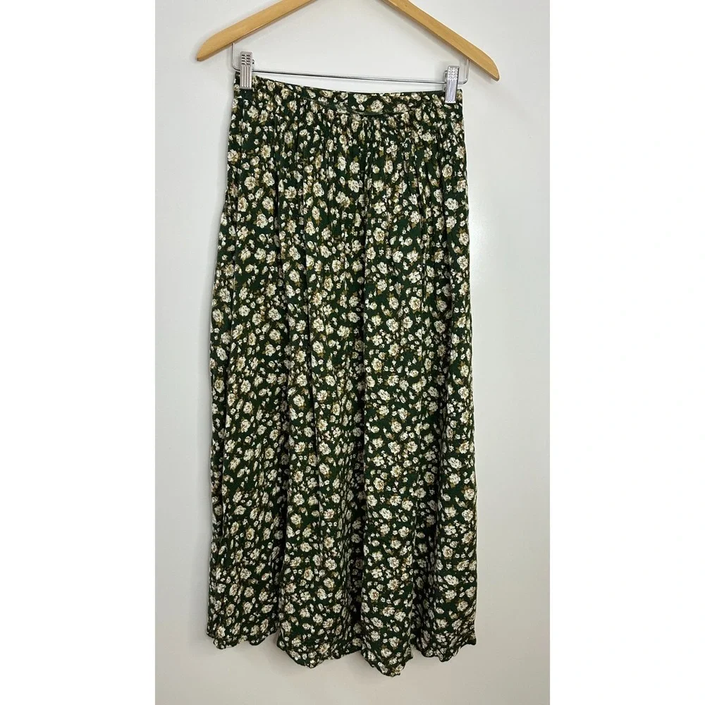 Vintage American Eagle Outfitters Green Floral Maxi Skirt Rayon 90s Boho Medium - Picture 12 of 15